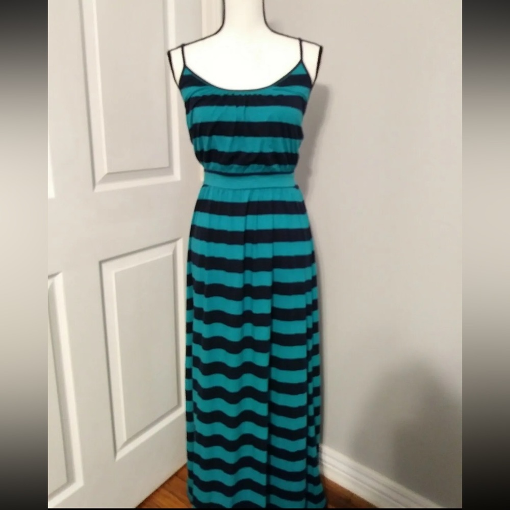 August Salt Blue Striped Adjustable Strap Elastic Waist Sleeveless Long Dress XS
